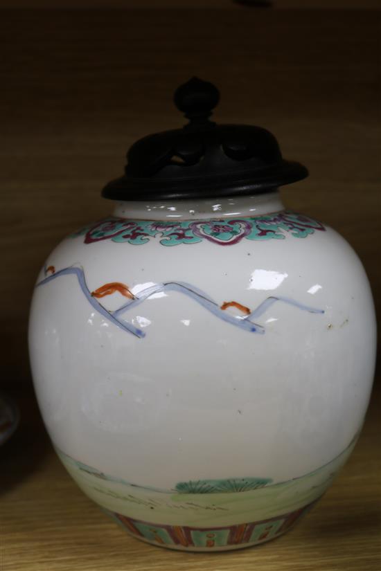 Two famille rose vases,melon shapers, jar and cover and two plates (5) Largest 23cm high